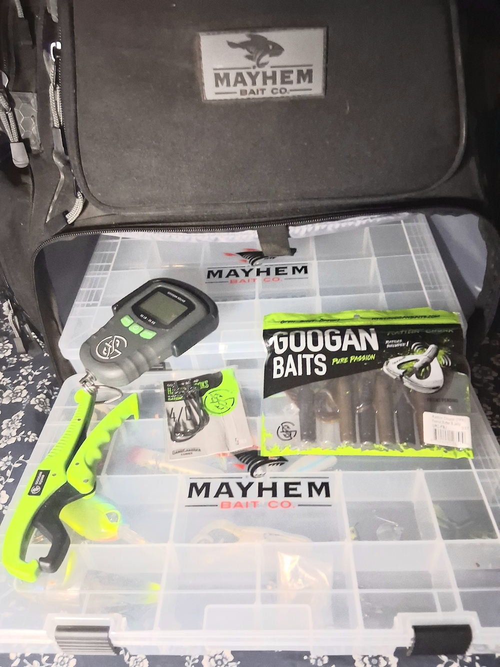 Mayhem Fishing Tackle Backpack Filled With Gear & Lures. Googan, Whopper Plopper